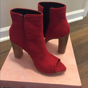 Red suede pointed open toe heeled booties